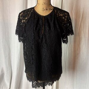 J Crew Short Sleeve Lace Top Black K2653 Sz Small Keyhole Neck Lined